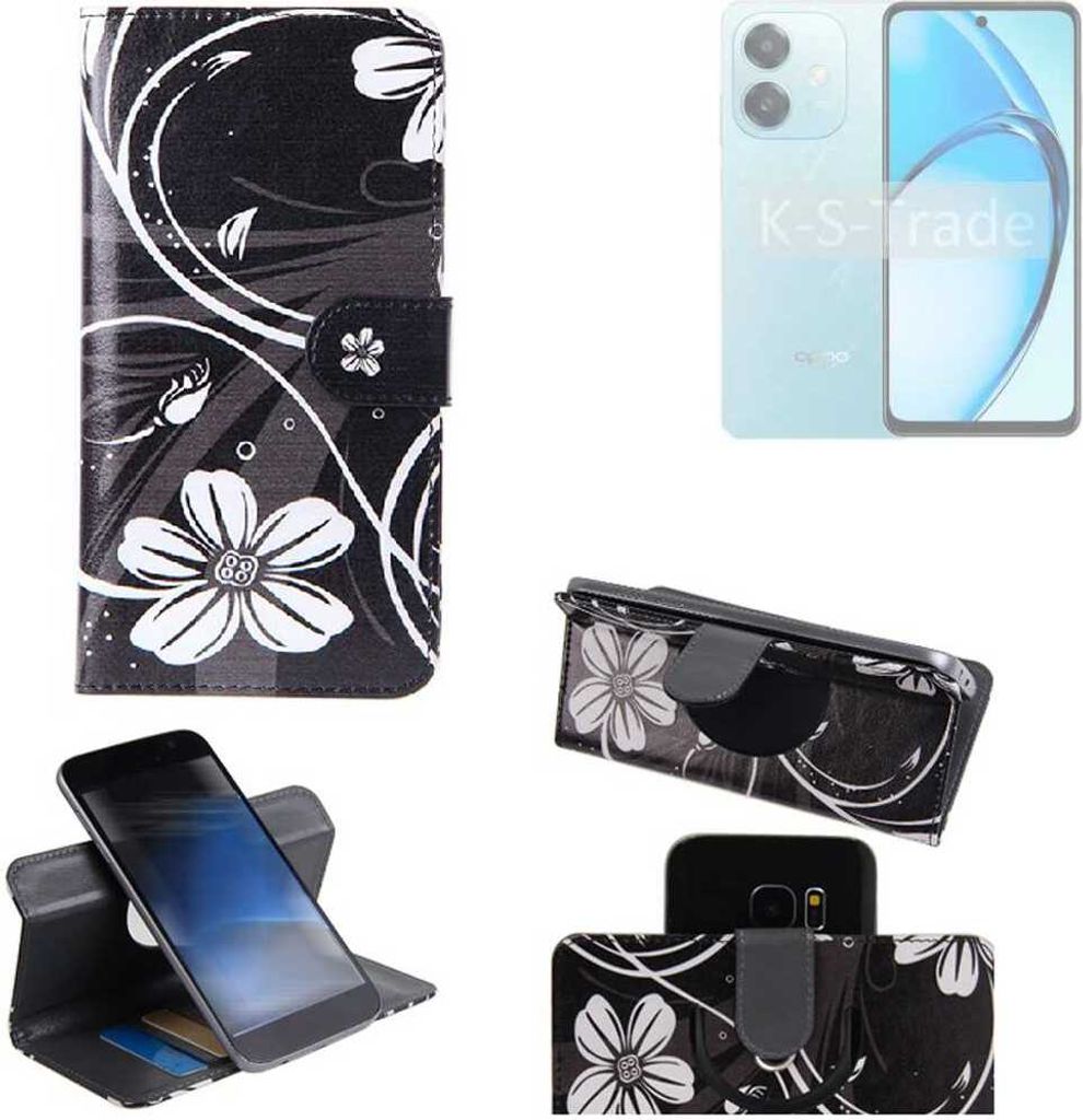 K-S-Trade Schutzhülle Handyhülle kompatibel mit Oppo A20 Hülle 360° Wallet Case “Flowers“ Klapphülle Hülle schwarz-weiß 1x