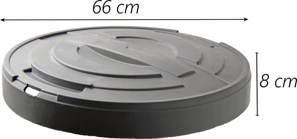 A gray circular lid for a water tank is shown from a side angle on a white background. Dimensions are indicated with text.