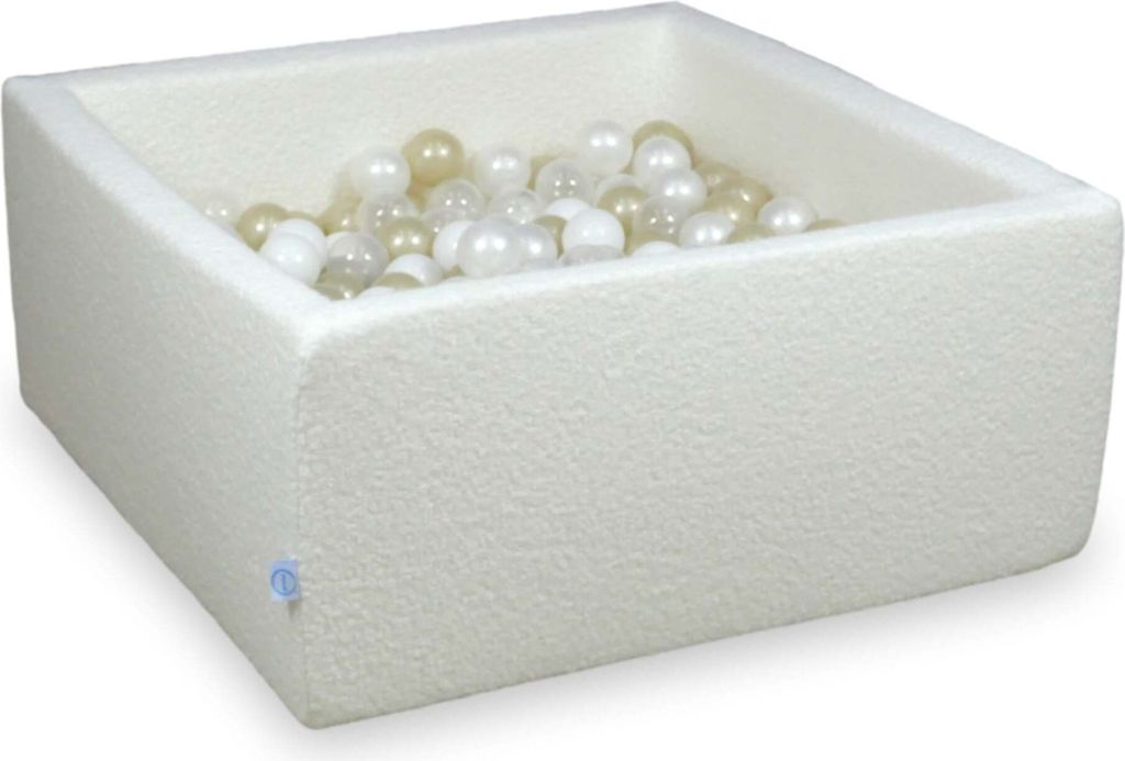 Bällebad 90x90x40 Boucle Weiß – Mit 400 Bällen / transparent, weiß, perlmutt, hellgold