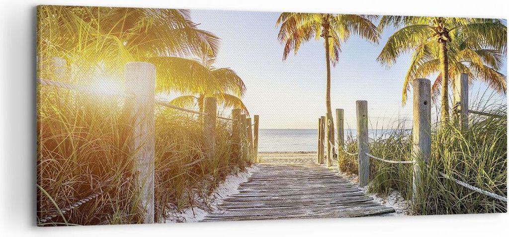 Bild auf Leinwand - Leinwandbild - Einteilig - Strand Palmen Fußgängerbrücke - 100x40cm - Wand Bild - Wanddeko - Wandbilder - Leinwanddruck - Bi...