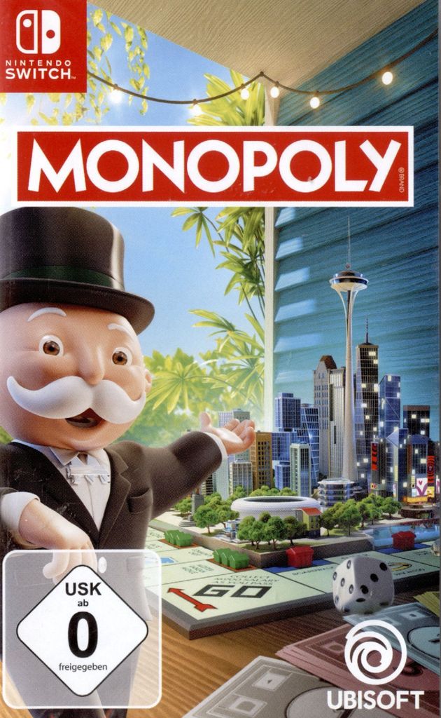 The Monopoly video game box art features Mr. Monopoly standing in front of a cityscape and a Monopoly board.