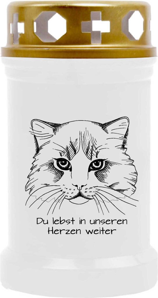 Grabkerze Weiß, Brenndauer: 40 Stunden, Motiv: Katze 2