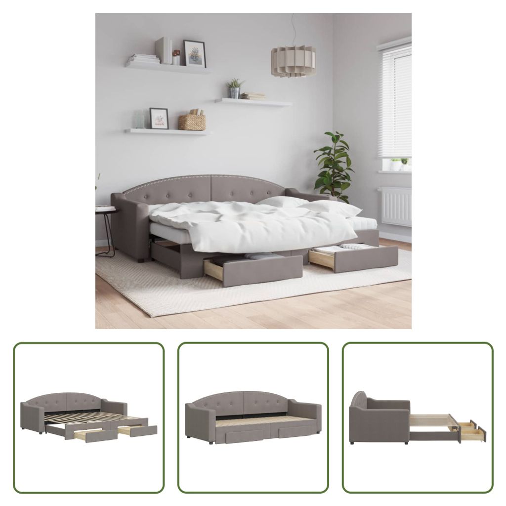 The Living Store Tagesbett Ausziehbar mit Schubladen Taupe 80x200 cm Stoff