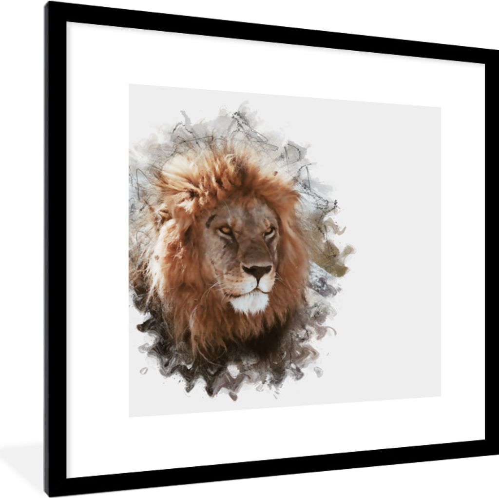 MuchoWow MuchoWow Gerahmtes Poster Löwe - Linie - Farben 40x40 cm - Poster mit zchwarzem Bilderrahmen - Poster - Plakat im Rahmen