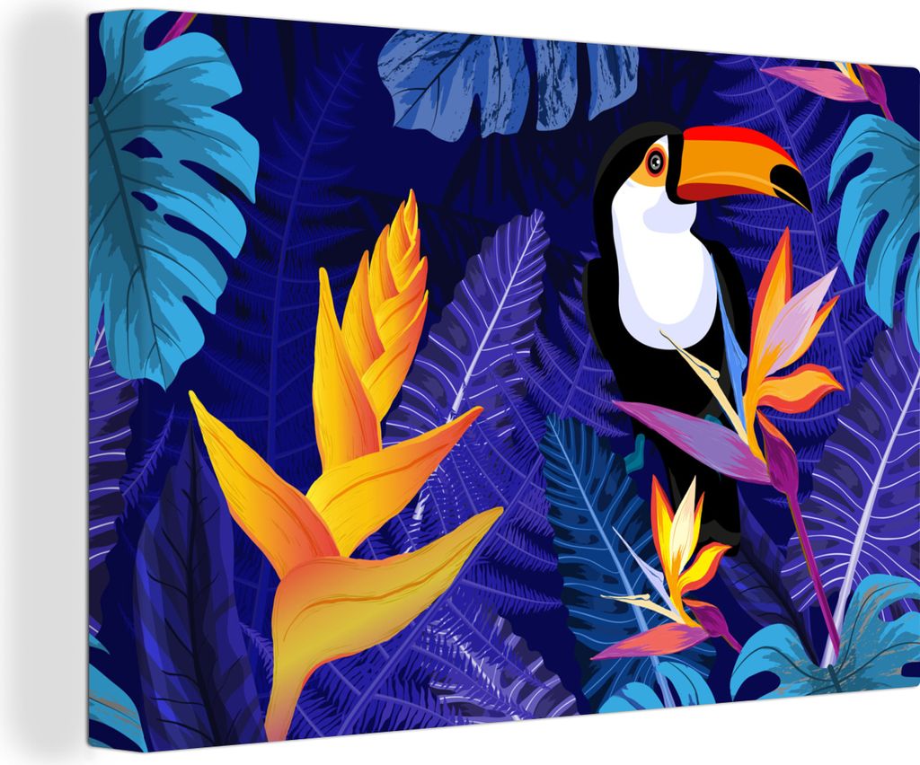 OneMillionCanvasses - Leinwandbilder - 140x90 cm, Dschungel - Tukan - Blumen - Pflanzen - Kinder - Lila - Tiere, Wandbilder Kunstdruck Wanddekora...