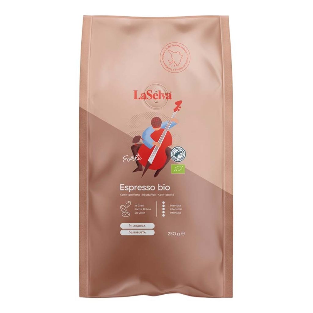 A bag of LaSelva Espresso bio coffee beans.