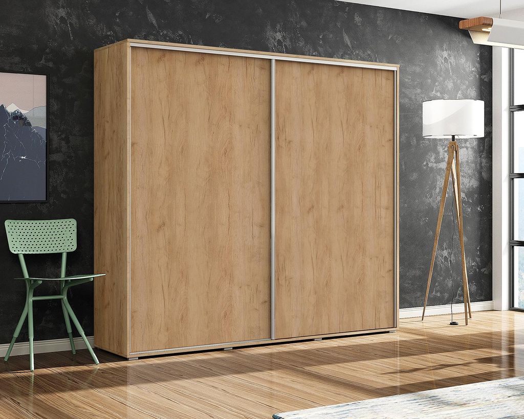 A15 Kleiderschrank mit Schiebetür - mit Einlegeböden und Kleiderstange - für Garderobe, Schlafzimmer -Holzimitat Eiche Gold Craft -200x62x245cm