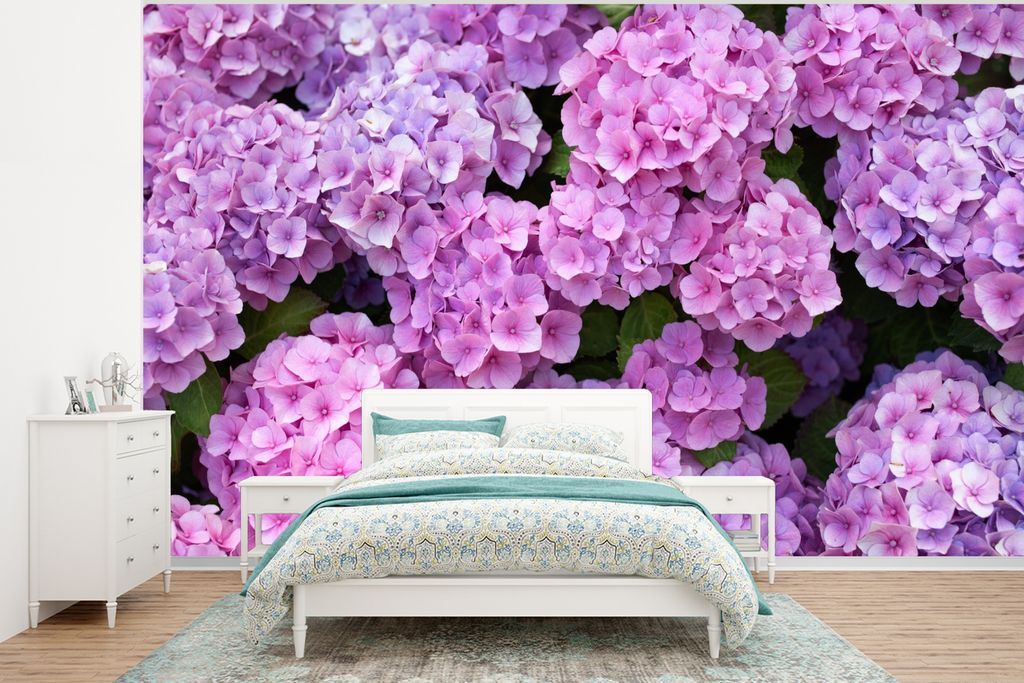 MuchoWow Fototapete für Wohnzimmer oder Schlafzimmer Wandtapete Vinyl Motivtapete Blumen - Hortensie - Strauch - Rosa - Blütenblätter - 350x26...