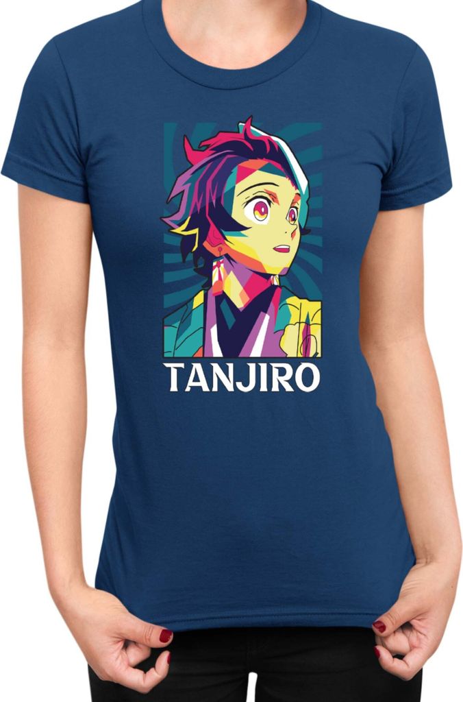 Damen T-Shirt Demon Anime Slayer Kimetsu No Yaiba Tanjiro Kamado 012, Lady XL / Dunkelblau