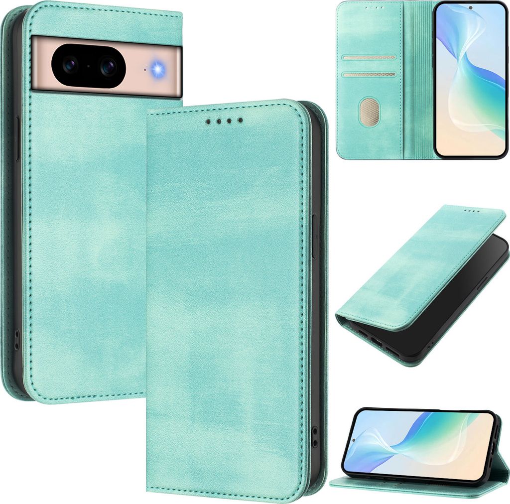 Handyhülle für Google Pixel 8A, Vintage Leder RFID Schutz Kartenfach Standfunktion Magnetische Klapphülle Türkis