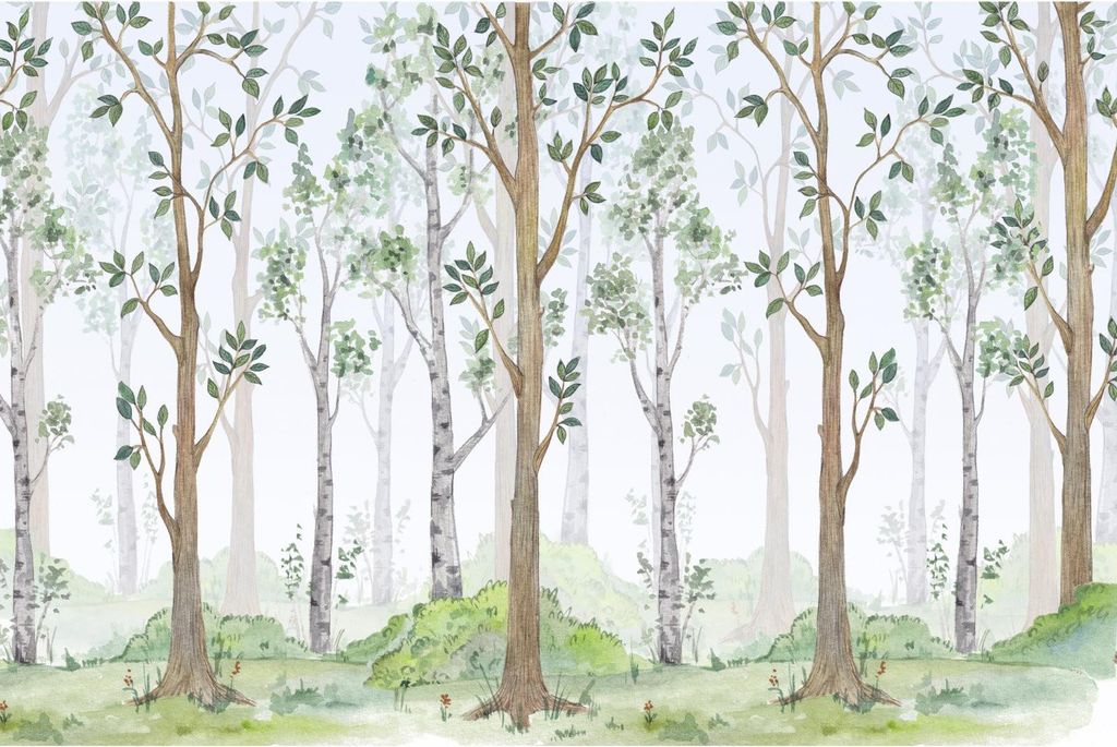 Fototapete Wald Aquarell Vliestapete Kinderzimmer Tapete inkl. Kleister - Größe 450 x 300 cm