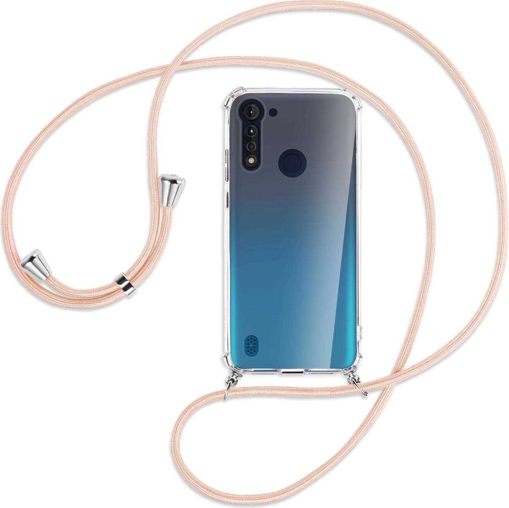 Handykette Backcover-Schutzhülle mit Band (Metall silberfarben) für Motorola Moto G8 Power Lite - rose peach