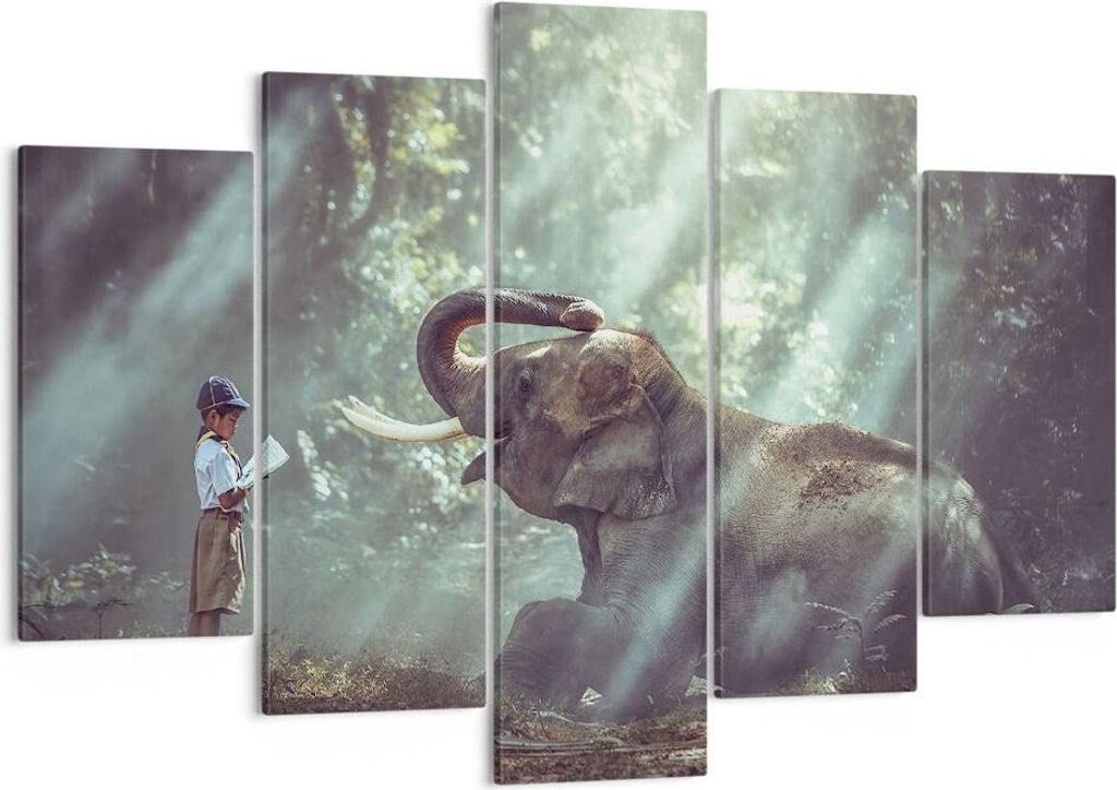 Bild auf Leinwand - Leinwandbild - Elefant Dschungel Stoßzahn - 150x100cm - Wand Bild - Wanddeko - Leinwanddruck - Bilder - Kunstdruck - Wanddekor...