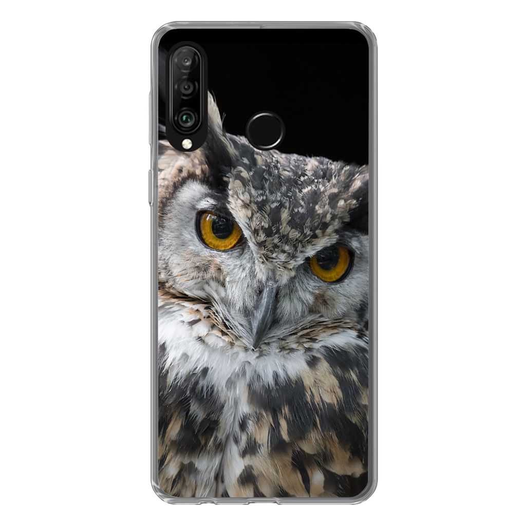 MuchoWow Handyhülle Schutzhülle Hülle für Huawei P30 Lite Porträt einer braunen Eule auf schwarzem Hintergrund Silikon Softcase Handy Hülle...