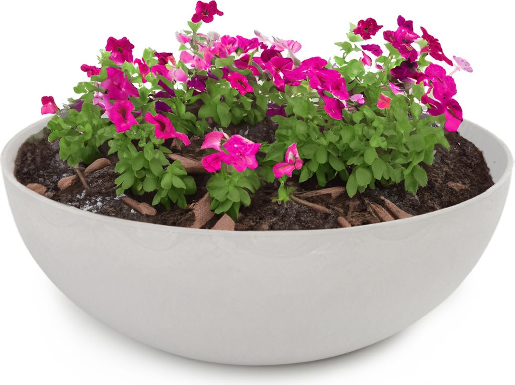 Runde bauchige 25 cm Pflanzschale für draussen, hell-grau marmoriert