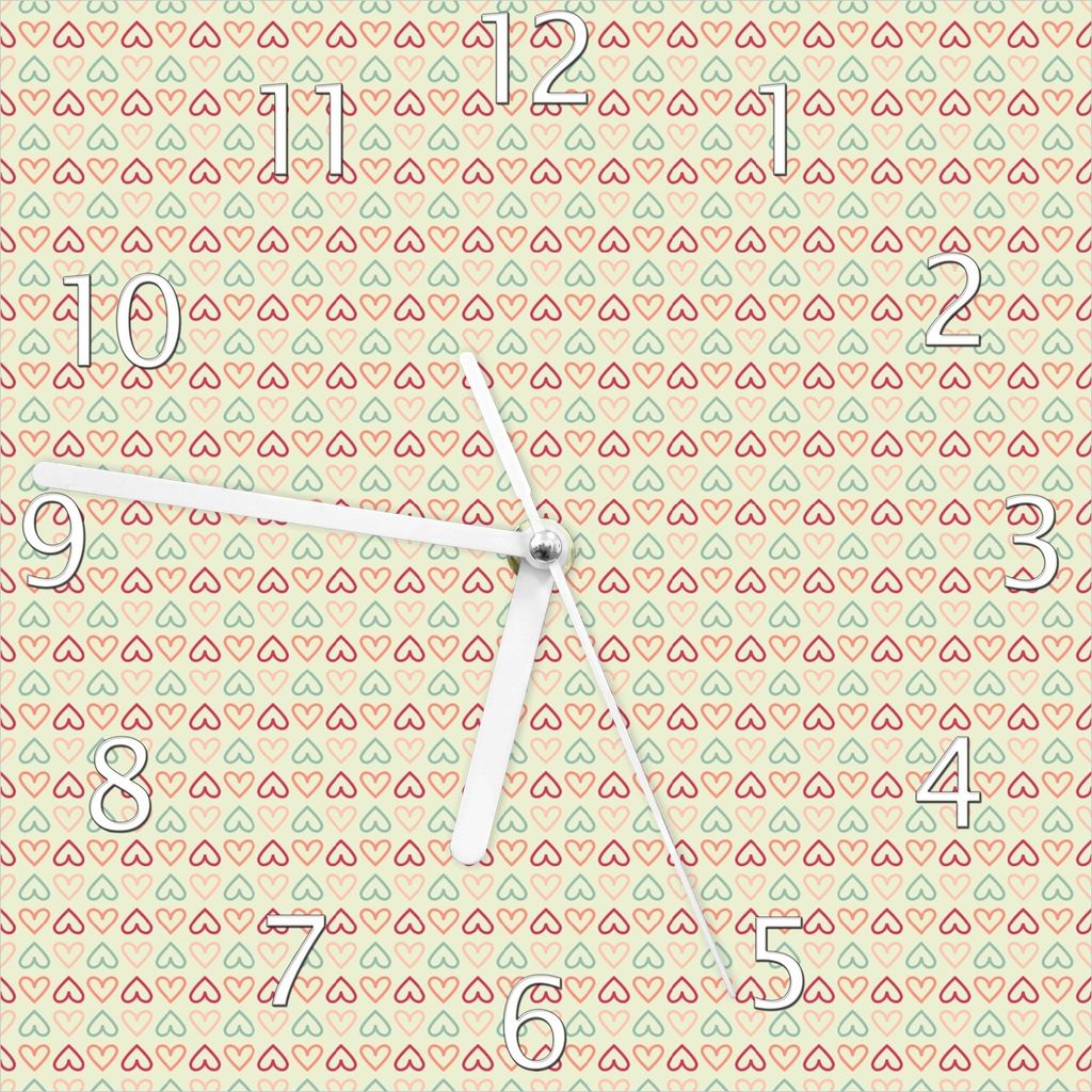 Wallario Design Wanduhr Muster Herzen in rot, gelb und grün, symmetrisch angeordent aus Echtglas, Größe 20 x 20 cm