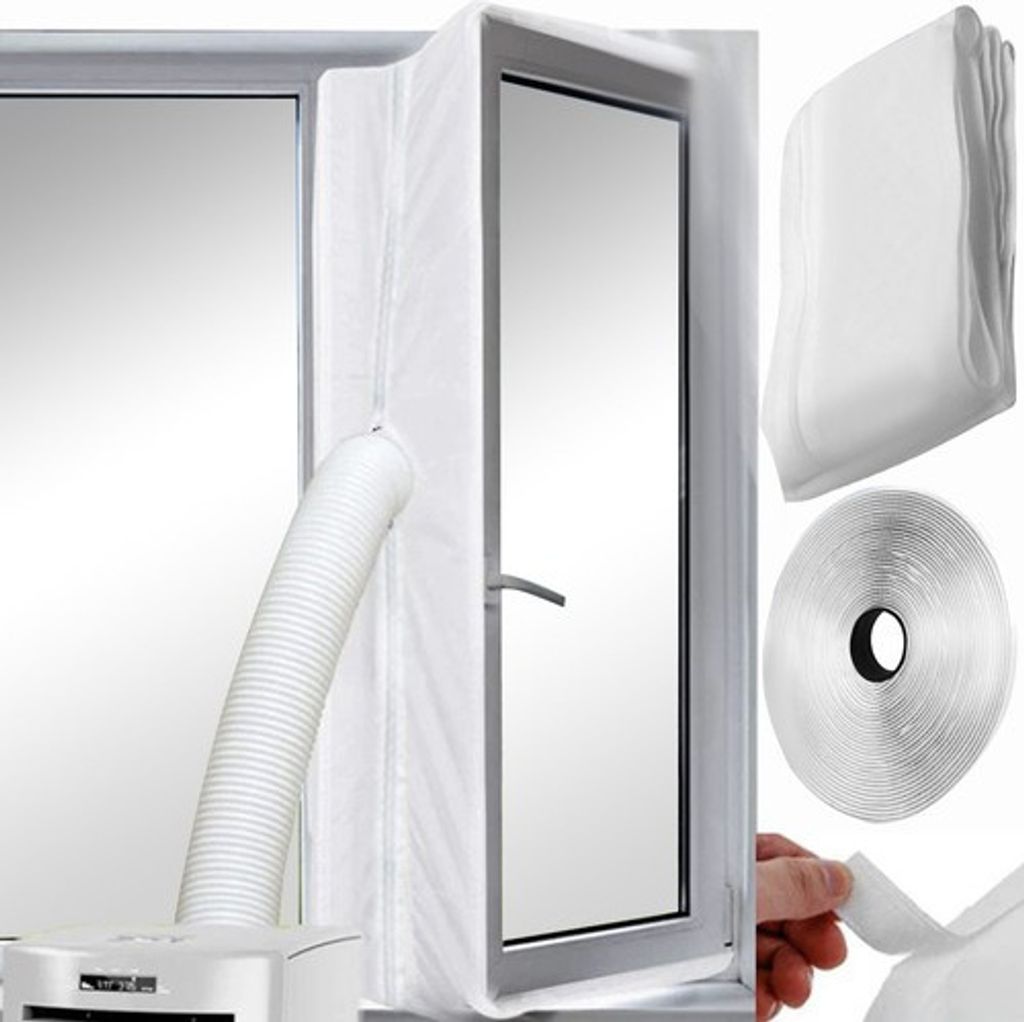 A collage showing a window sealing kit for a portable air conditioner, including the sealing fabric, a flexible hose, and adhesive tape.