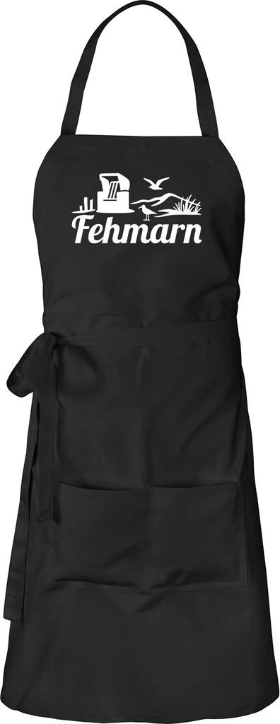 Huuraa Schürze Fehmarn Strandmotiv Schwarz mit Taschen Baumwolle Kochschürze Geschenkidee