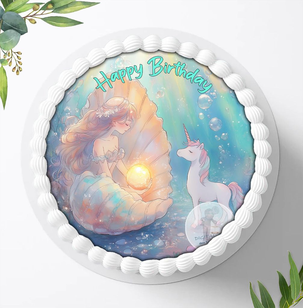 Für die Geburtstags Torte ein Tortenaufleger, Zuckerbild mit dem Motiv: Meerjungfrau, Essbares Foto für Torten, Fondant, Ø 20cm, 1909z
