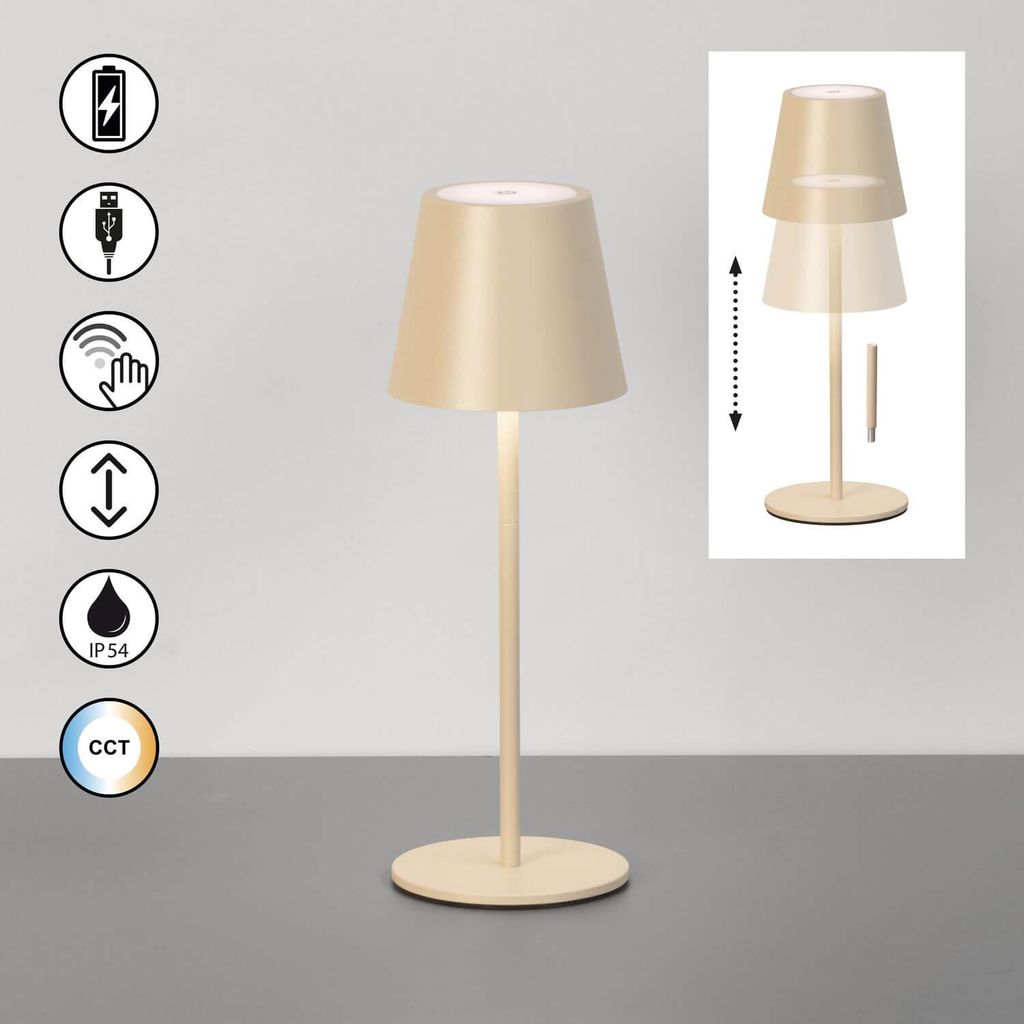 easy! by FHL 850804 Tischleuchte Außenleuchte Basena Metall sandfarben Akkubetrieb, USB Kabel, Höhe 25,5 u. 32cm einstellbar