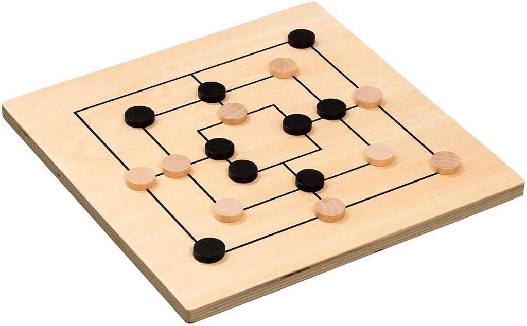 A wooden board game with black and tan playing pieces.