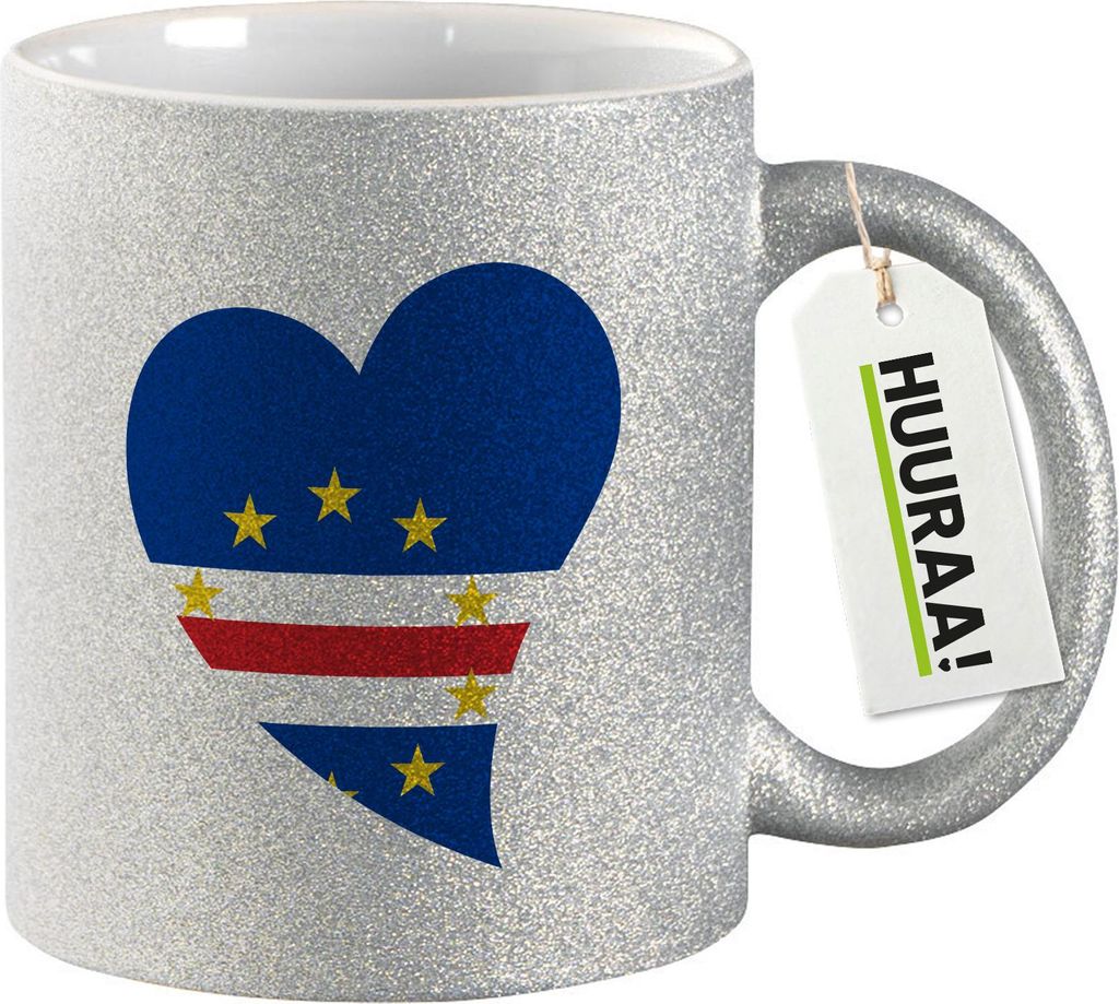 Huuraa Glitzertasse Kap Verde Flagge Herz 330ml Silber Keramik Kaffeebecher Geschenkidee