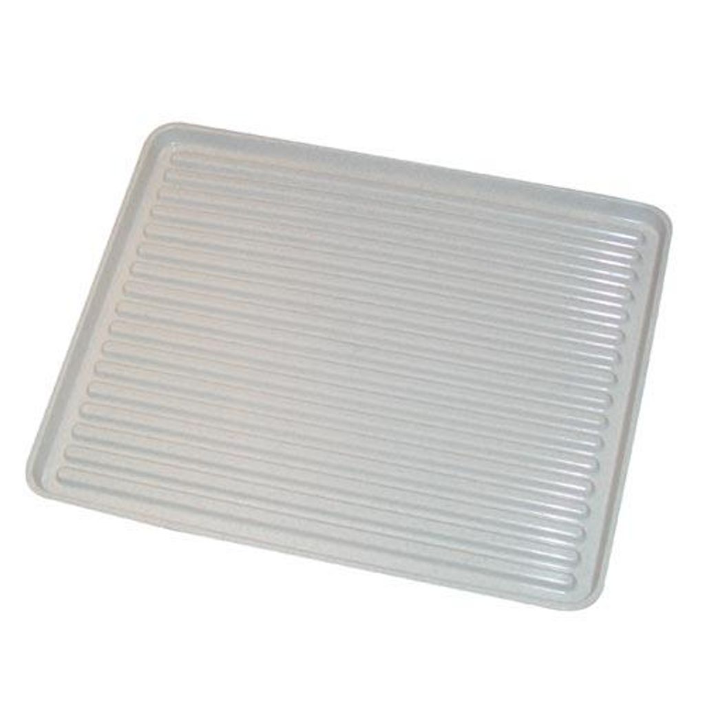 A simple product shot of a light gray plastic tray with horizontal ridges, isolated on a white background.