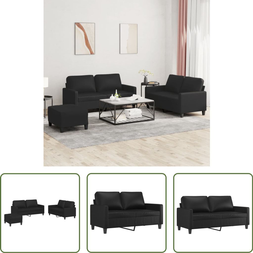 The Living Store 3-tlg. Sofagarnitur mit Kissen Schwarz Kunstleder