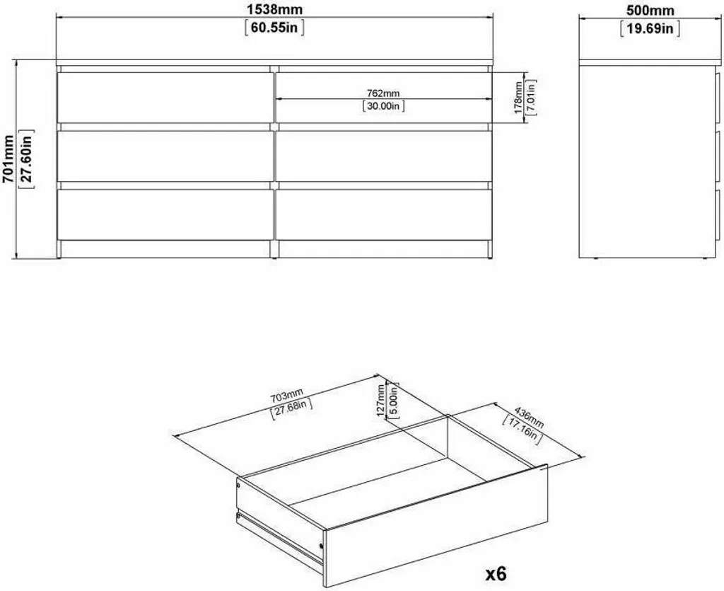 Commode Noire 154cm Aci avec 6 Tiroirs Spacieux - Structure Robuste 70h