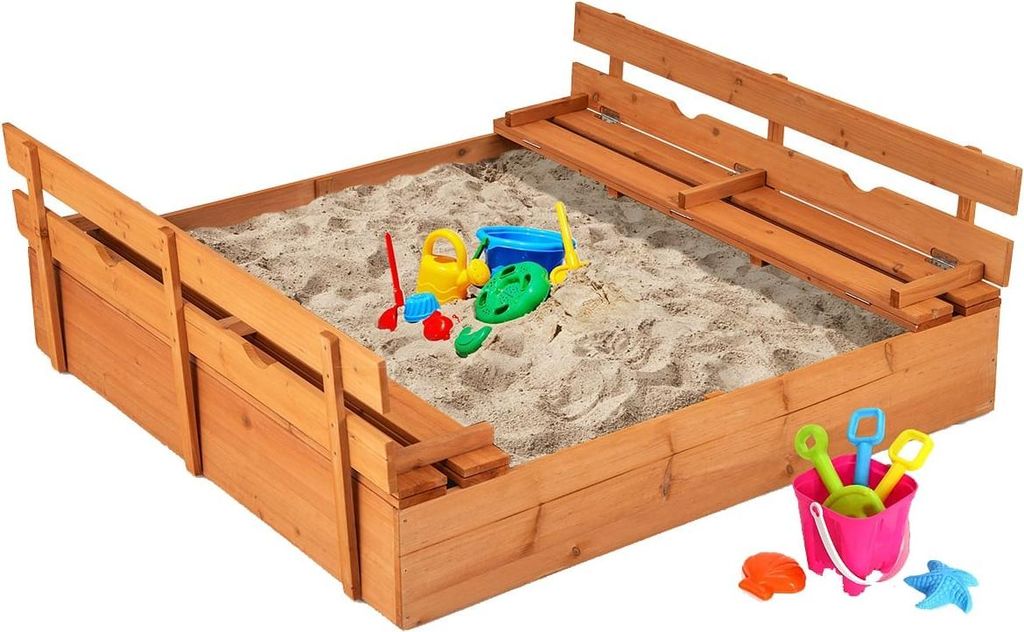 Sandkasten aus Holz mit Bänken, Deckel und Einlage, 120 x 120 cm