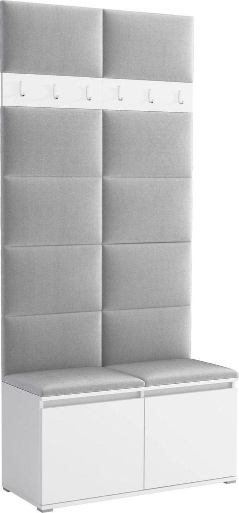 Garderoben-Set Noris I, gepolsterte Garderobe 100 cm mit Sitzbank, Wandpaneelen und Haken (Farbe:weiß + Trinity 32)