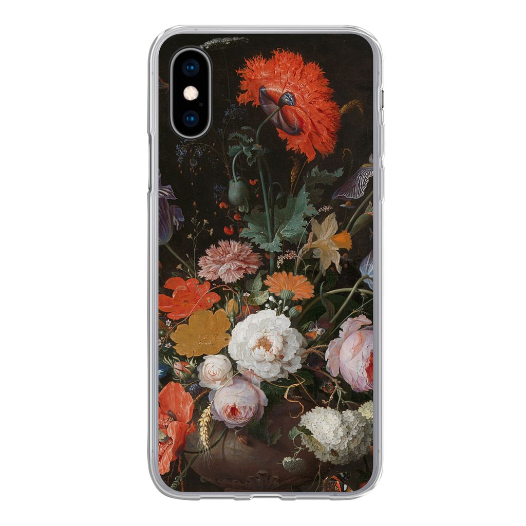 MuchoWow Handyhülle Schutzhülle Hülle für iPhone X Stilleben mit Blumen und einer Uhr - Gemälde von Abraham Mignon Silikon Softcase Handy H...