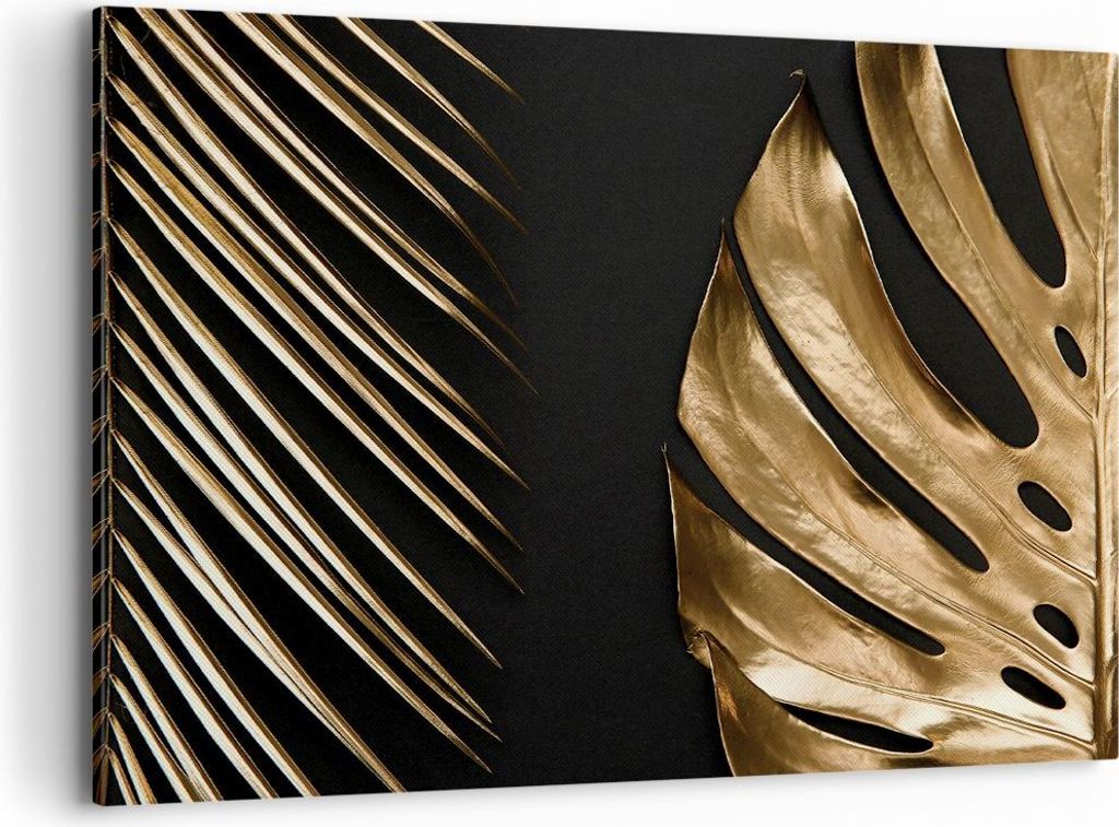 Bild auf Leinwand - Leinwandbild - Einteilig - Golden Blatt Monstera - 120x80cm - Wand Bild - Wanddeko - Wandbilder - Leinwanddruck - Bilder - Wand...