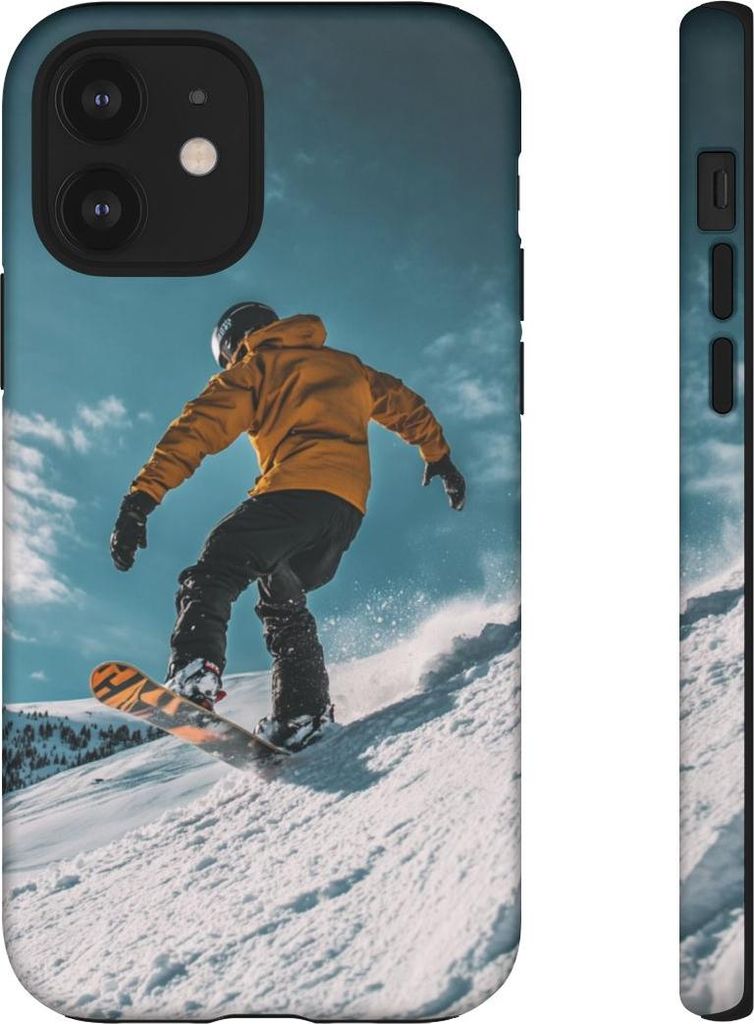 Snowboarder im gelben Anorak auf verschneiter Piste – Handyhülle Kompatibel mit iPhone 12