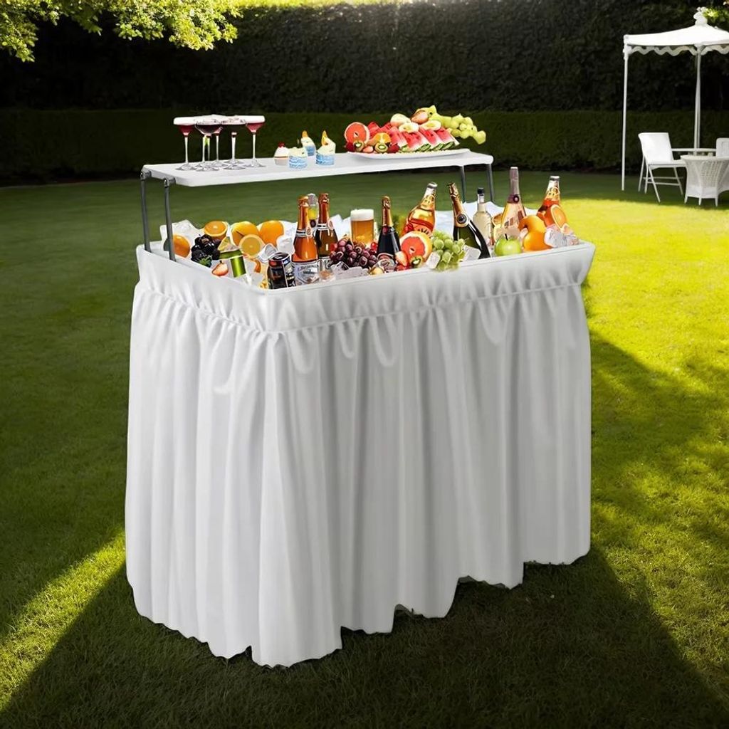 Outdoor-Tisch mit Kühlbox - Kühltisch - Klappbar - Integrierter Eisbehälter - Edelstahl - Rechteckig - Für 8 Personen - Tragbar - Weiß