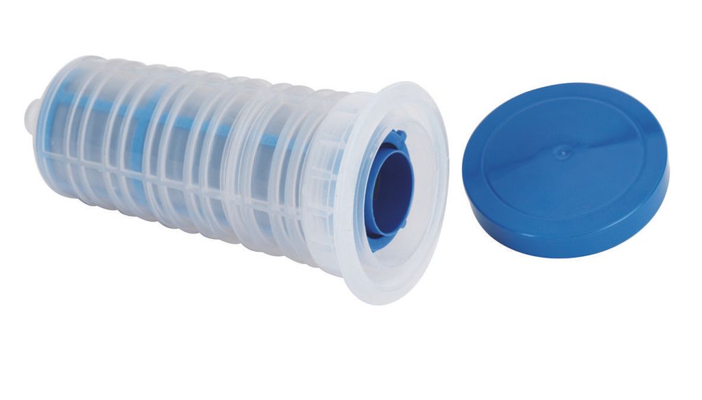 A white filter housing with blue internal components and a blue cap are shown against a white background.