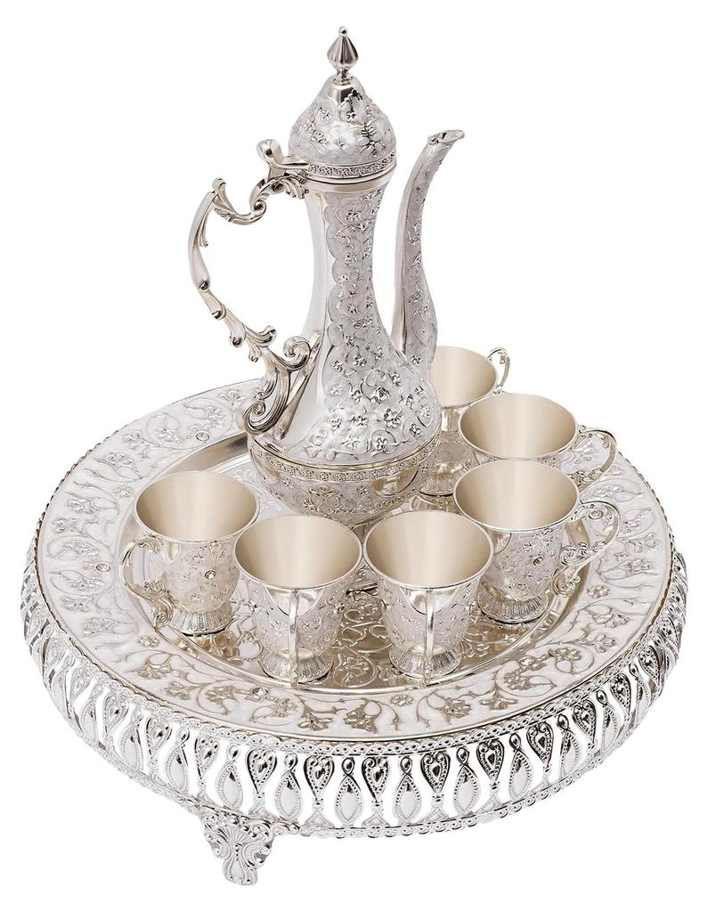 Vintage Türkische Kaffeekanne Set mit Tablett und 6 Teegläsern, Teeservice für die heimische Teeparty, Silber
