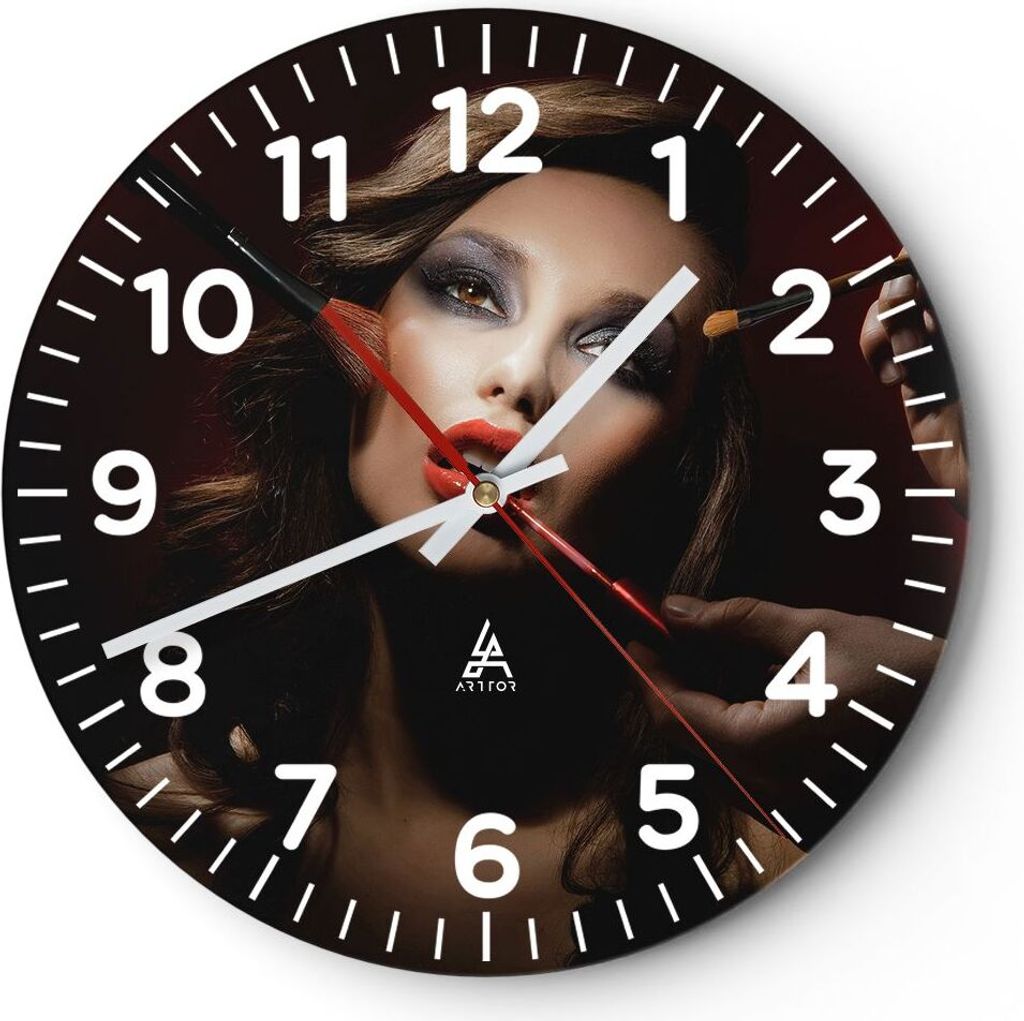 Wanduhr - Rund - Glasuhr - Frau Make-up schön - 40x40cm - Schleichendes Uhrwerk - Lautlos - zum Aufhängen bereit - Dekoration Modern - Wanddekora...