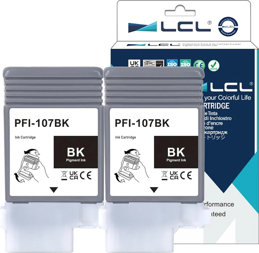 Encre PFI-107BK 130 ml Noir LCL Haute Capacité pour Canon iPF670 iPF680 x2