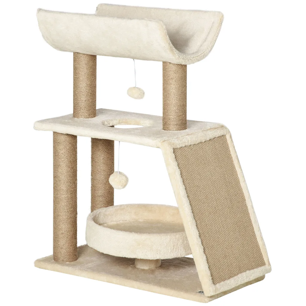 Arbre à chat en bois et peluche avec lit suspendu et grattoir