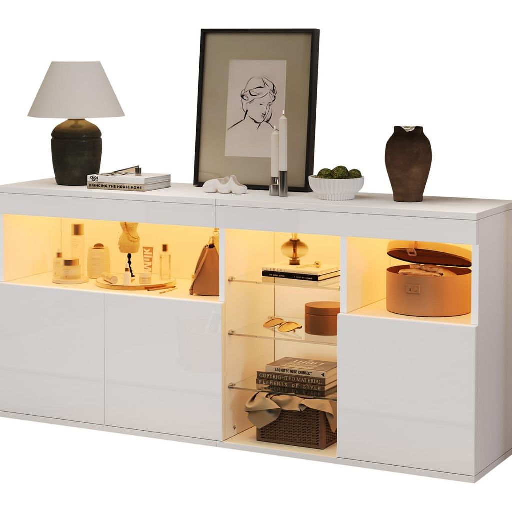 Wohnzimmerschrank,Hochglanzschrank mit LED, Sideboards Mit 3 Schranktüren 3 Glastrennwand,breite grifflose Schließfächer, Sofa-Beistellschrank