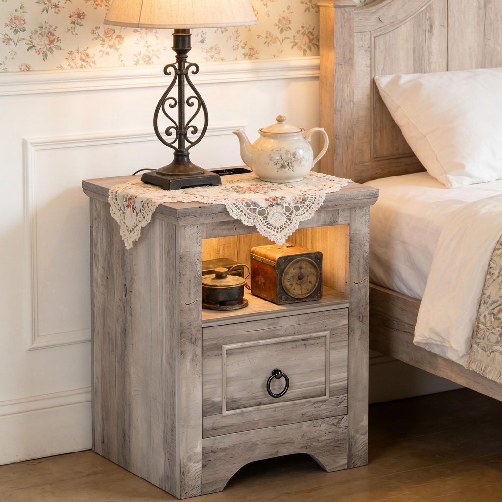 Nachtisch Beistelltisch Landhausstil mit Ladestation, 7-farbiger LED-Streifen, 1 Schublade und USB-Typ-C-Anschluss für das Schlafzimmer