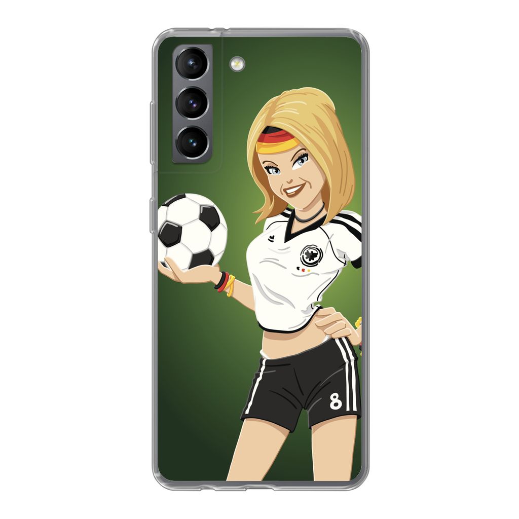 MuchoWow Handyhülle Schutzhülle Hülle für Samsung Galaxy S21 Illustration eines Mädchens mit deutscher Kleidung und einem Fußball - Mädche...