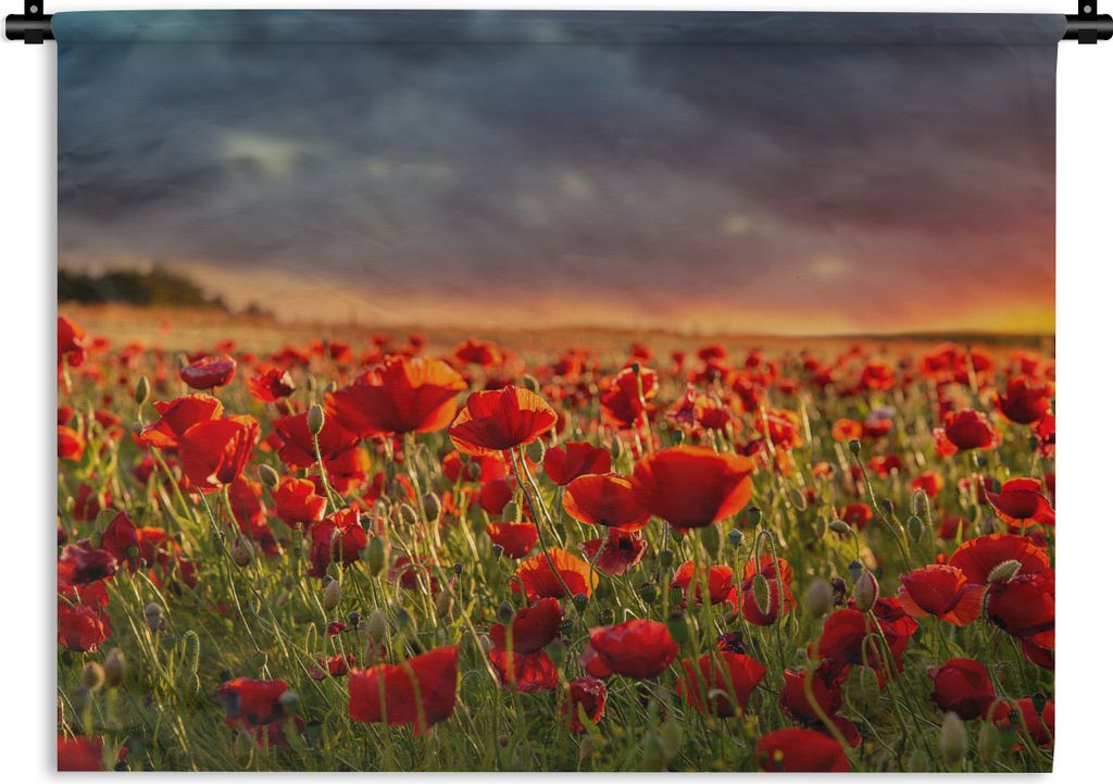 MuchoWow Wandteppich Wandbehang Sonnenuntergang - Mohnblumen - Rot 90x67.5 cm Tapisserie Dekoration Wandtuch - Fototeppich - Wand-Skulpturen