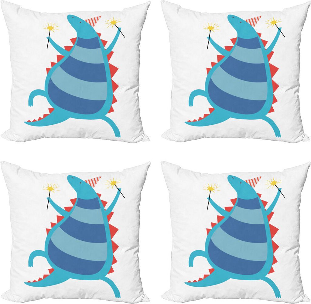 ABAKUHAUS Dino Kissenbezug Set (4 Stück), T-Rex Cartoony Art Nursery, Moderner Doppelseitiger Digitaldruck, 50 cm x 50 cm, Mehrfarbig