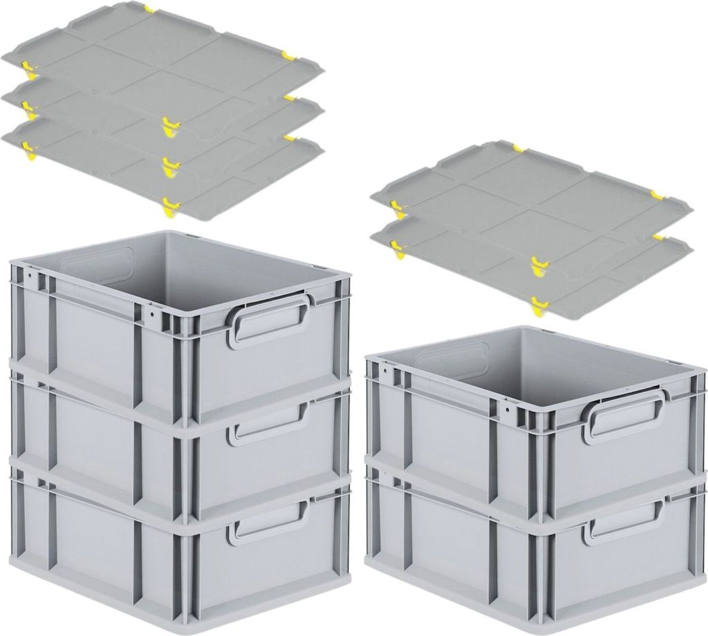 SparSet 5x Eurobox NextGen Grip mit Auflagedeckel inkl. 4 gelben Schiebeschnappverschlüssen | HxBxT 17x30x40cm | 16 Liter | Griffe geschlossen | G...