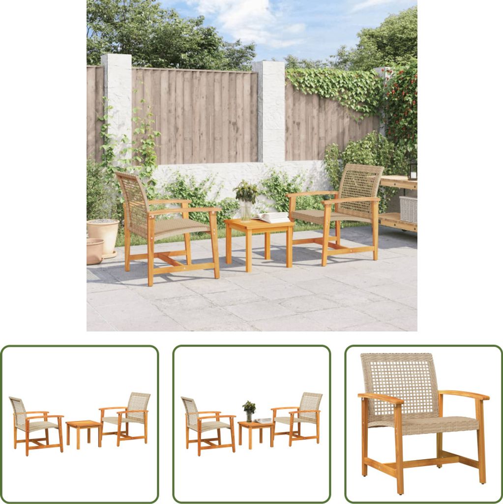 The Living Store 3-tlg. Bistro-Set Beige Poly Rattan und Akazienholz