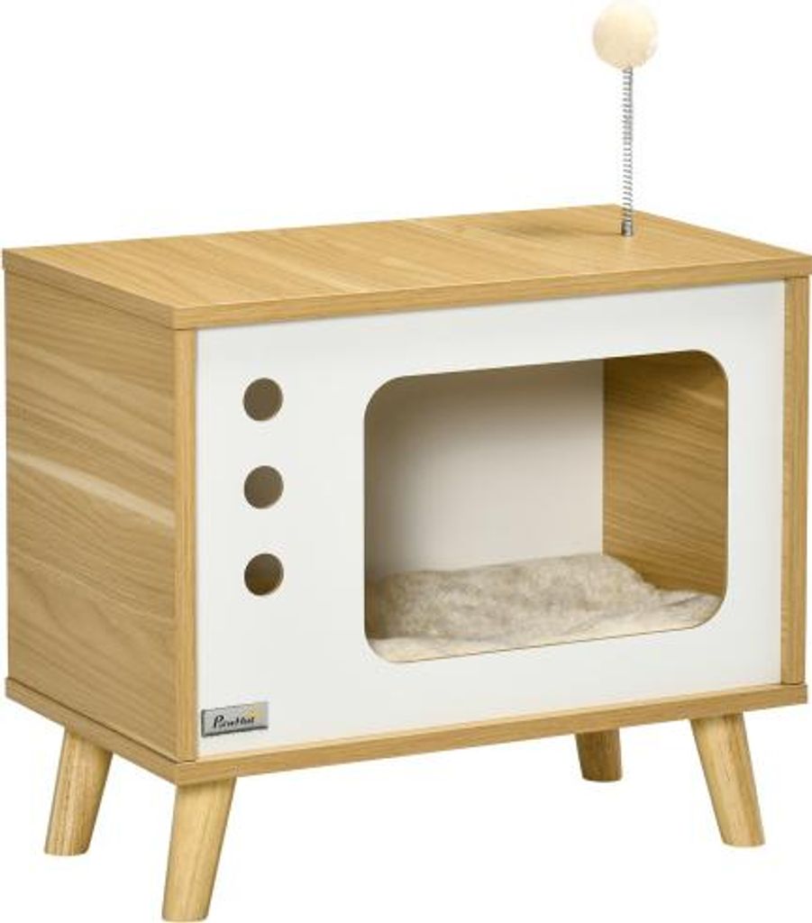 Katzenhaus im TV-Design 50x28x43 cm mit Spielball Kissen Eiche Beige Weiss Katzenkorb Particle Board