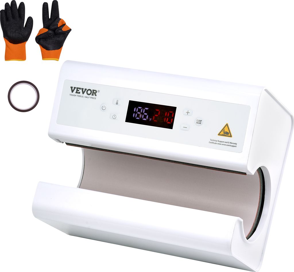 A white heat press machine with a digital display and included accessories like gloves and a ring.