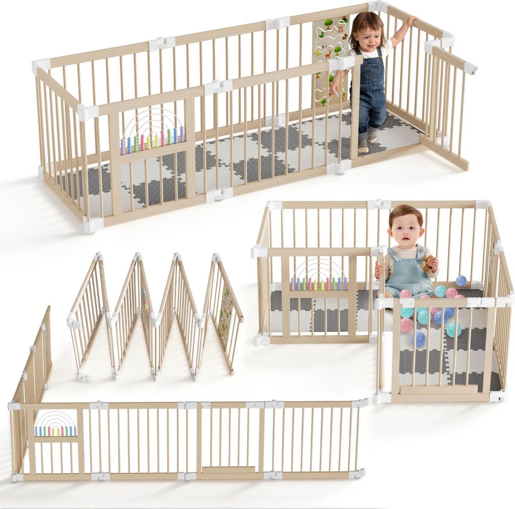 Parc pour bébé XMTECH, pliable, en bois, 8 éléments, Image du produit 